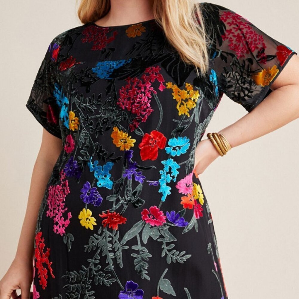 Maeve Black Mini Dress with Vibrant Floral Accents